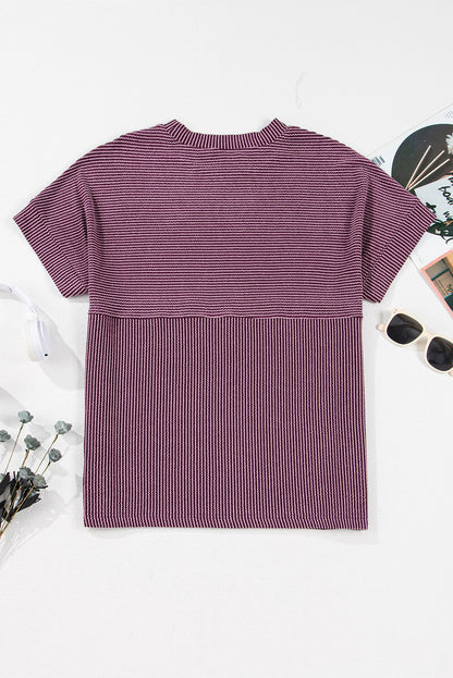 Solid Corded Knit Mock Neck T-Shirt