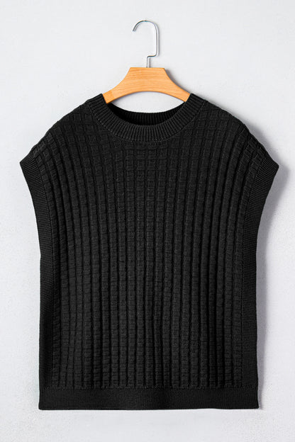 Solid Textured Round Neck Short Sleeve Sweater