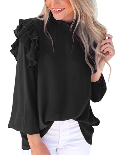 Pleated Ruffle 3/4 Sleeve Blouse