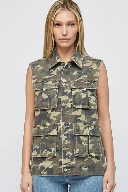 Camo Denim Cargo Pocket Buttoned Vest