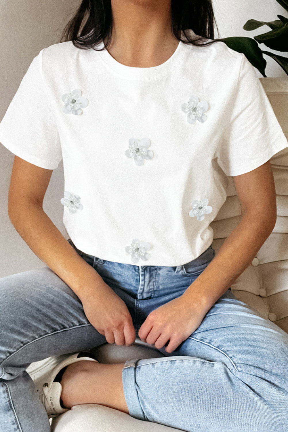 Floral Applique Round Neck T-Shirt