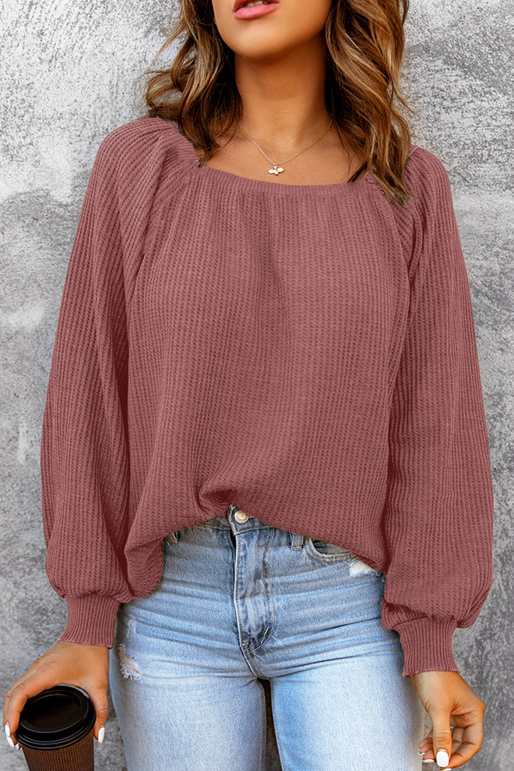 Waffle Square Neck Puff Sleeve Top