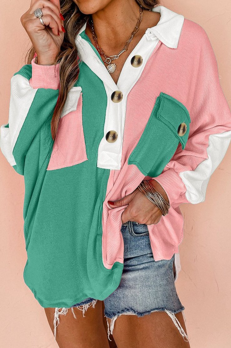 Colorblock Ribbed Oversize Collared Sweatshirt