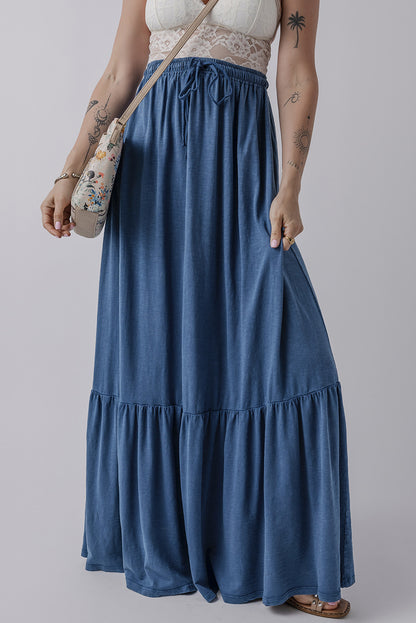 Denim Chambray Tiered Maxi Skirt