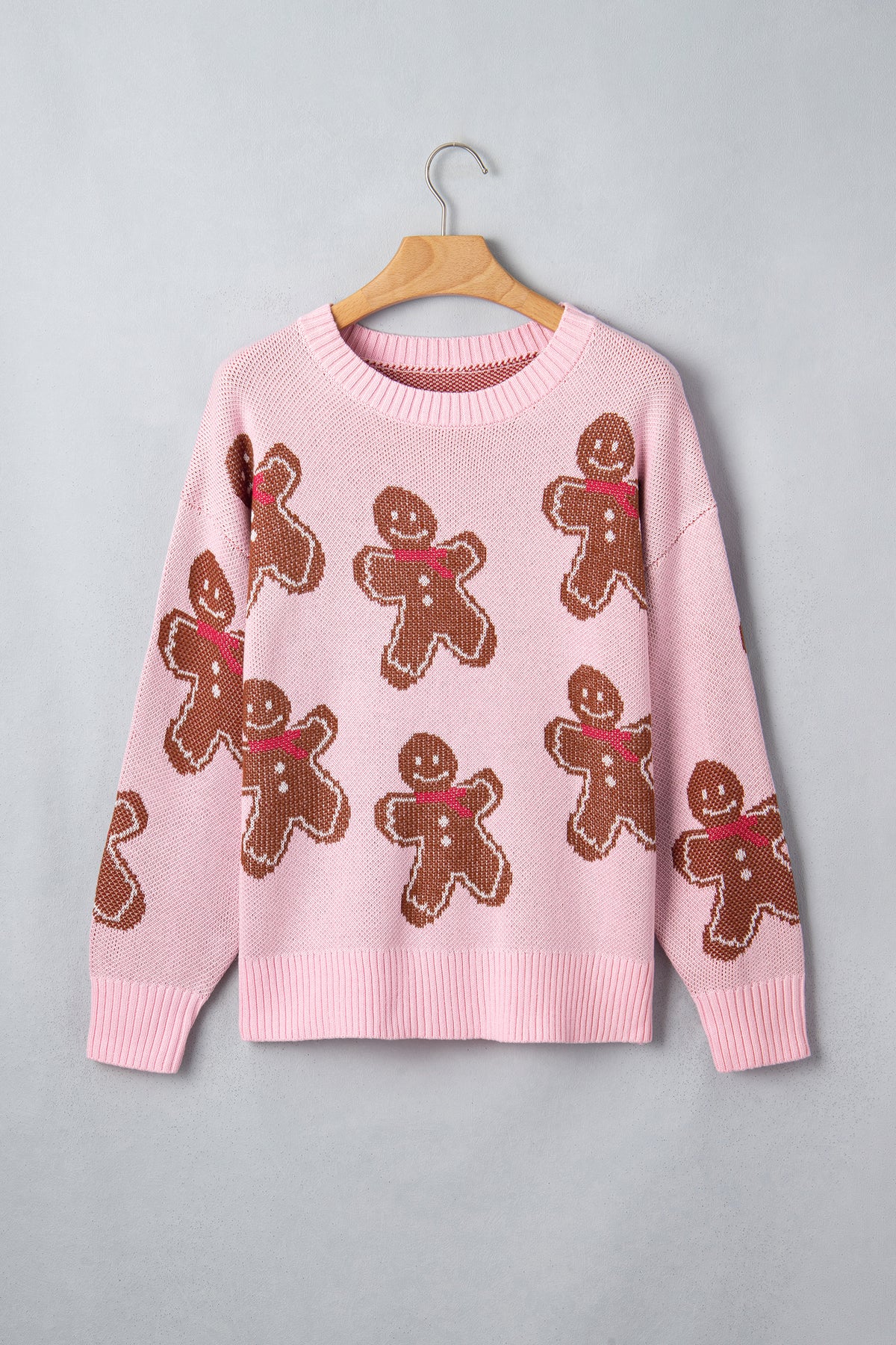 Christmas Gingerbread Ribbed Trim Round Neck Sweater