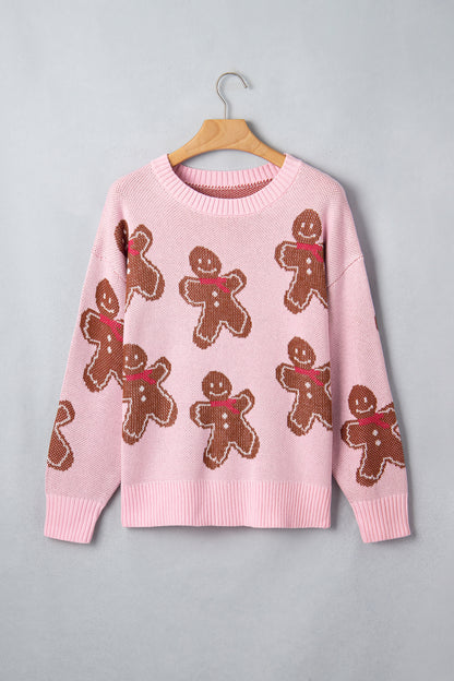 Christmas Gingerbread Ribbed Trim Round Neck Sweater