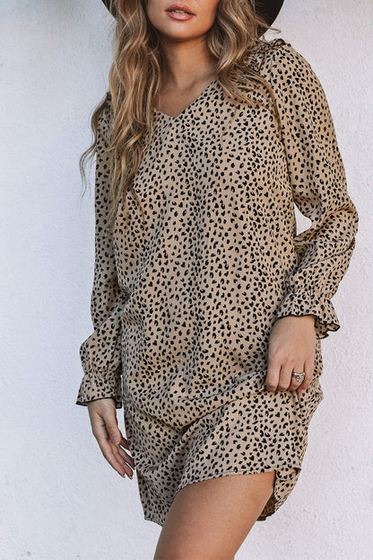 Leopard Flounced Long Sleeve Dress