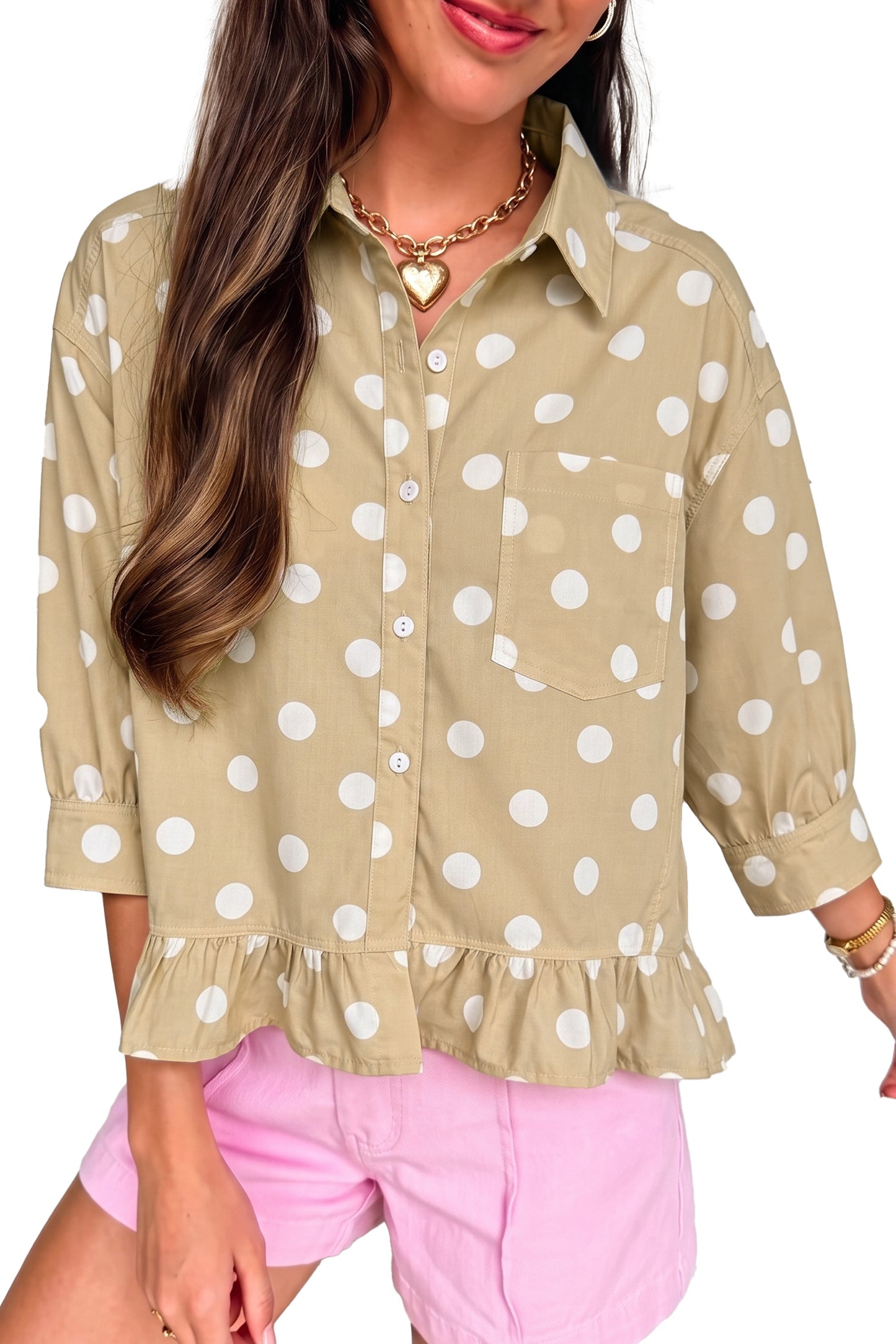 Polka Dot 3/4 Sleeve Ruffle Hem Shirt