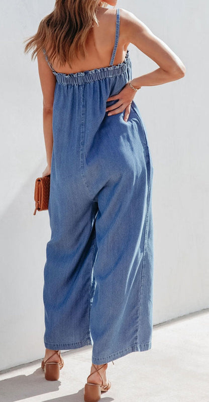 Denim Wide Leg Jumpsuit w/Pockets