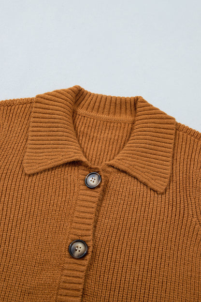 Solid Ribbed Knit Collared Button Front Cardigan