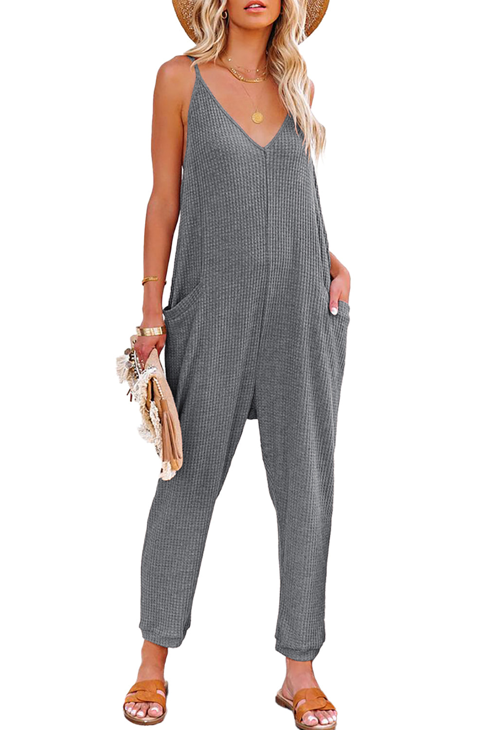 Waffle Sleeveless V-Neck Pocketed Jumpsuit