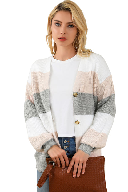 Colorblock Stripe Fuzzy Buttoned Cardigan