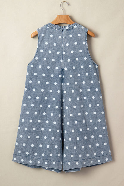 Polka Dot Denim Tie V-Neck Pleated Romper