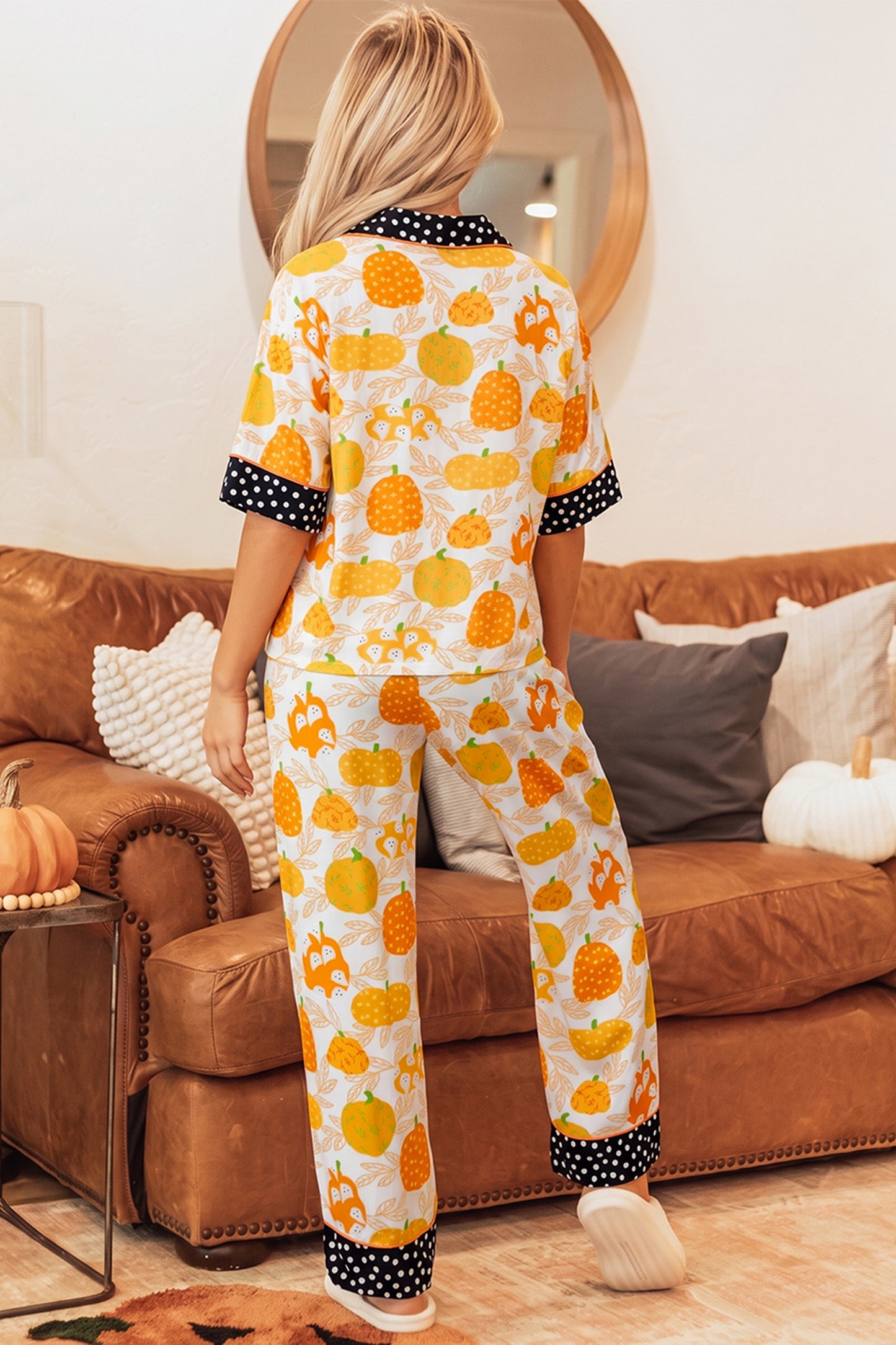 Pumpkin Polka Dot Trim Top & Pants Lounge Set