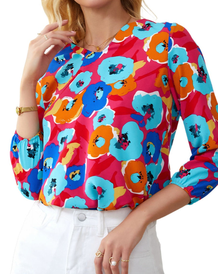 Floral V-Neck 3/4 Sleeve Blouse