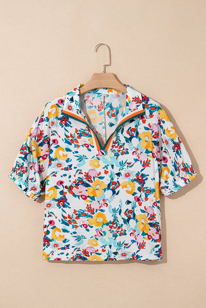 Floral Slit V-Neck Short Sleeve Blouse