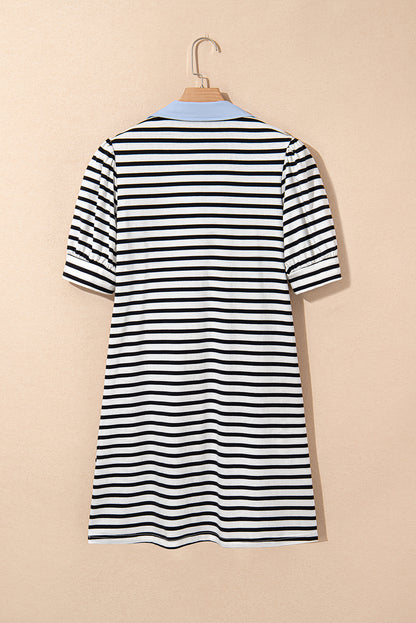 Stripe Patchwork V-Neck Collared Mini Dress