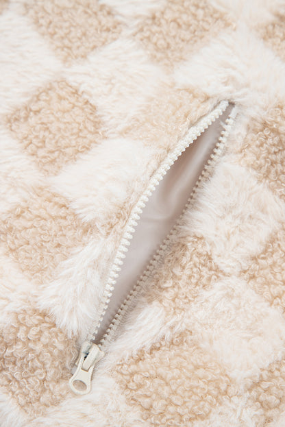 Checker Sherpa Corduroy Patchwork Zip-Up Jacket