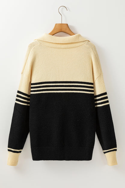 Colorblock Stripe Collared V-Neck Sweater