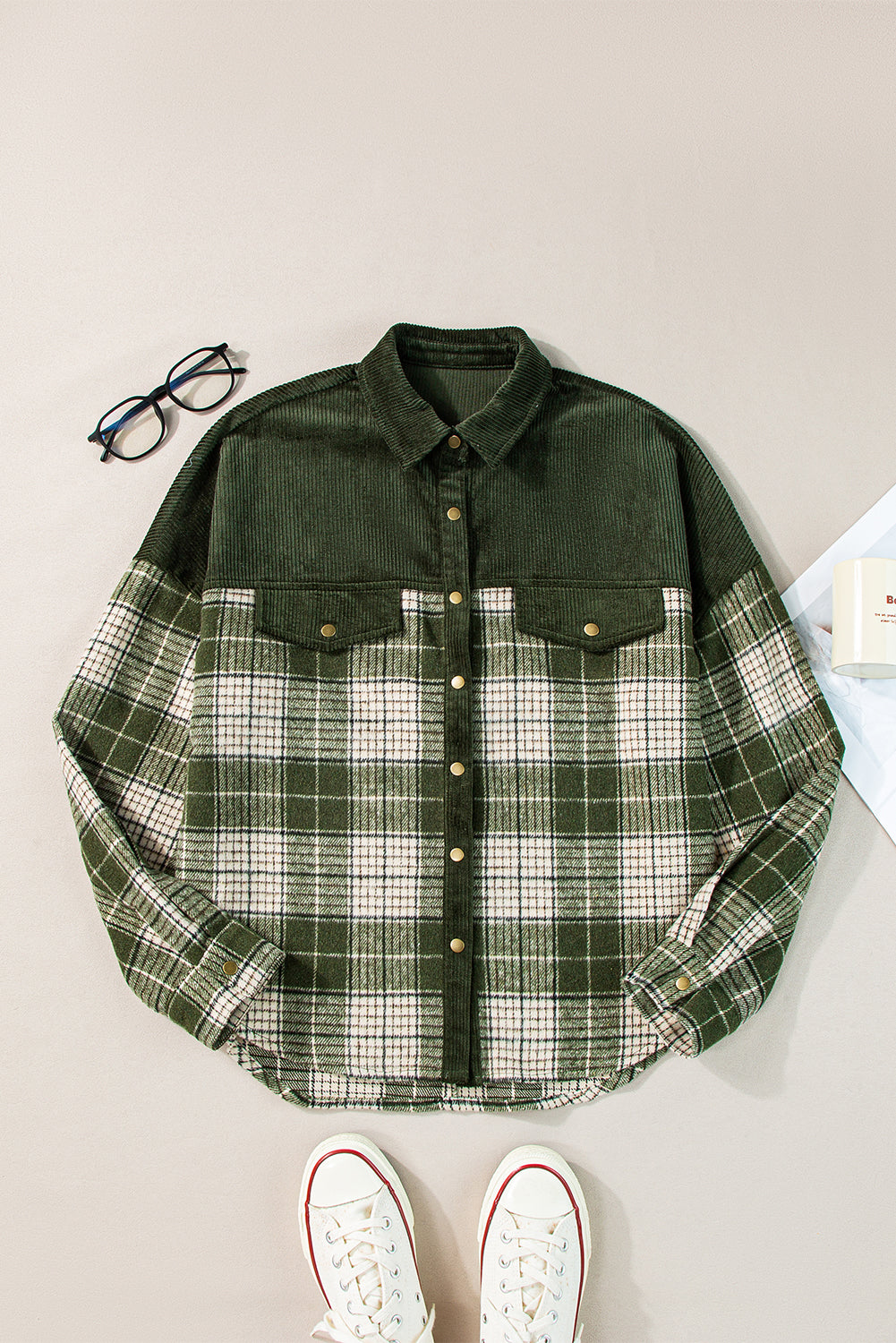 Colorblock Plaid Snap Buttons Shacket