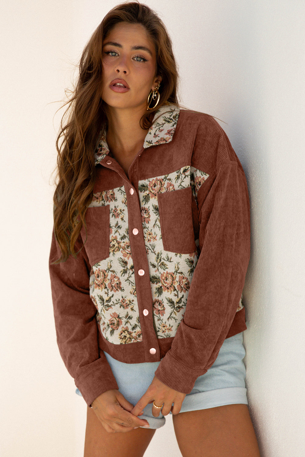 Floral Patchwork Ribbed Corduroy Shirt Jacket