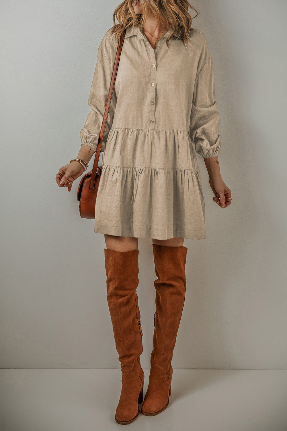 Puff Sleeve Tiered Shirt Mini Dress