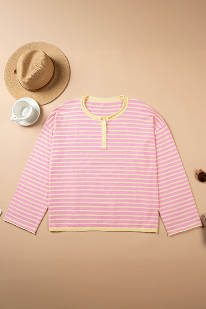 Plus Size Stripe Contrast Trim Henley Sweater