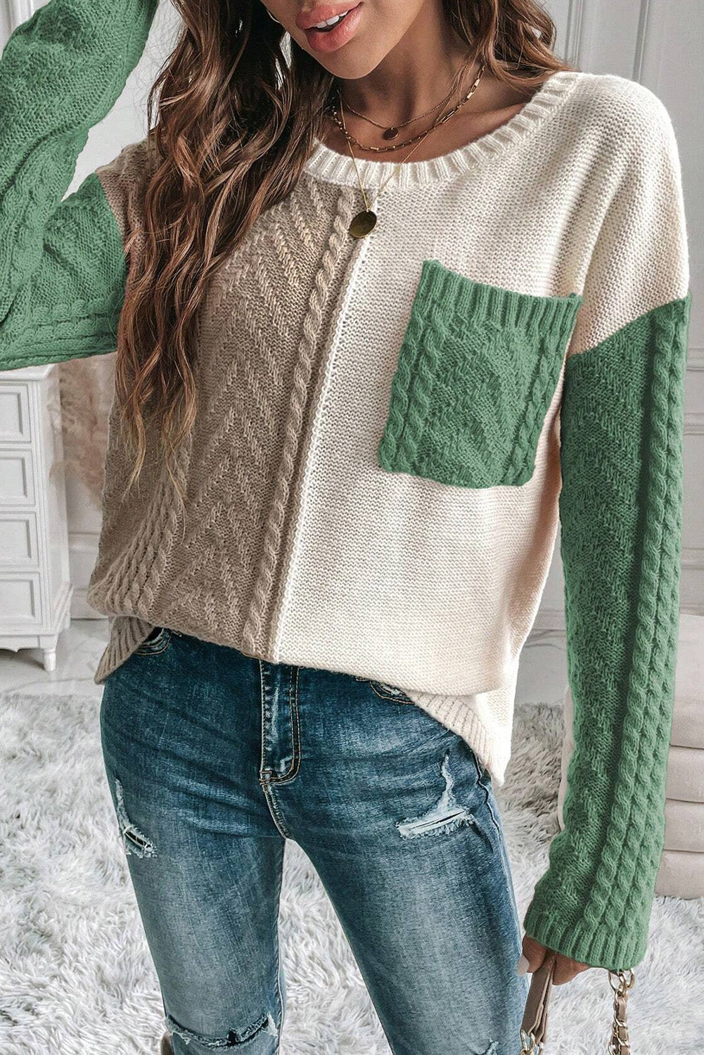 Colorblock Cable Knit Pocketed Sweater