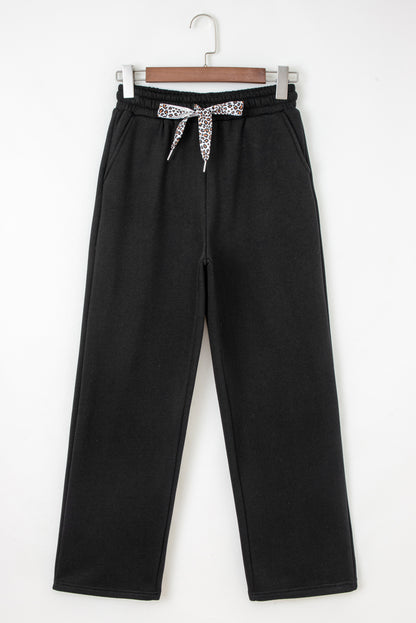 Leopard Drawstring Fleece Lined Elastic Waist Pants