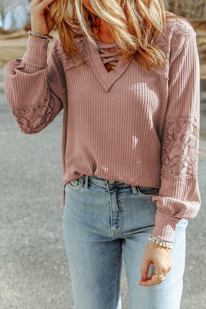 Lace Waffle Patchwork Long Sleeve Top