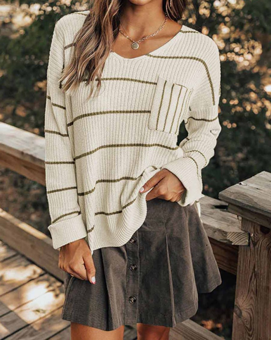 Stripe Chest Pocket V-Neck Sweater