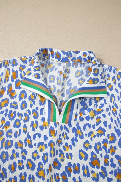 Leopard Colorblock Contrast V-Neck Short Sleeve Blouse