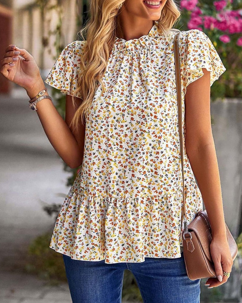 Floral Frilled Collar Ruffled Blouse