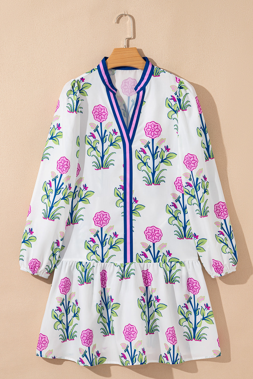 Floral Contrast Stripe Trim Notch Neck Dress