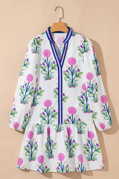 Floral Contrast Stripe Trim Notch Neck Dress