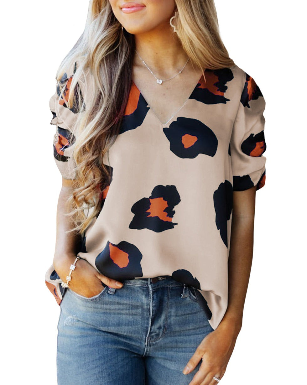 Leopard Ruched Short Sleeve Blouse