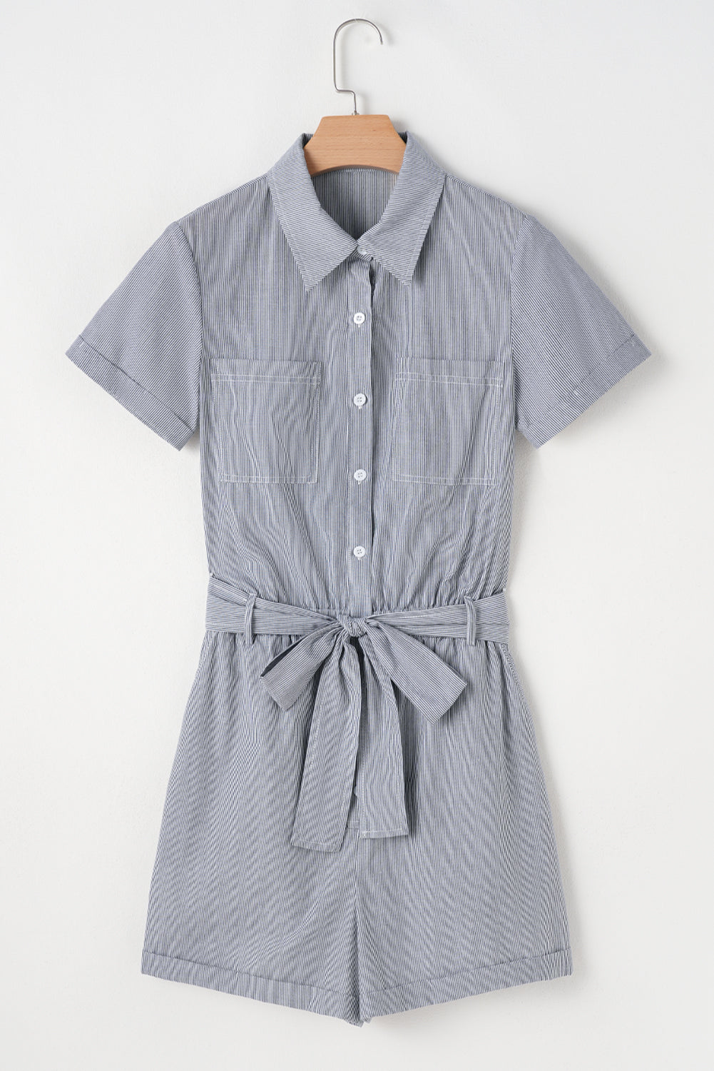 Stripe Chest Pockets Buttoned Collar Belted Romper