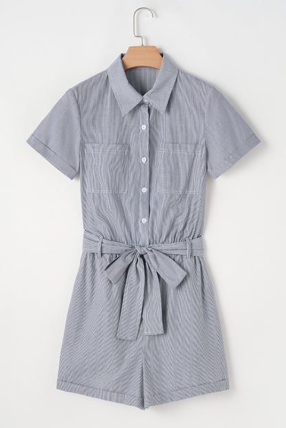 Stripe Chest Pockets Buttoned Collar Belted Romper
