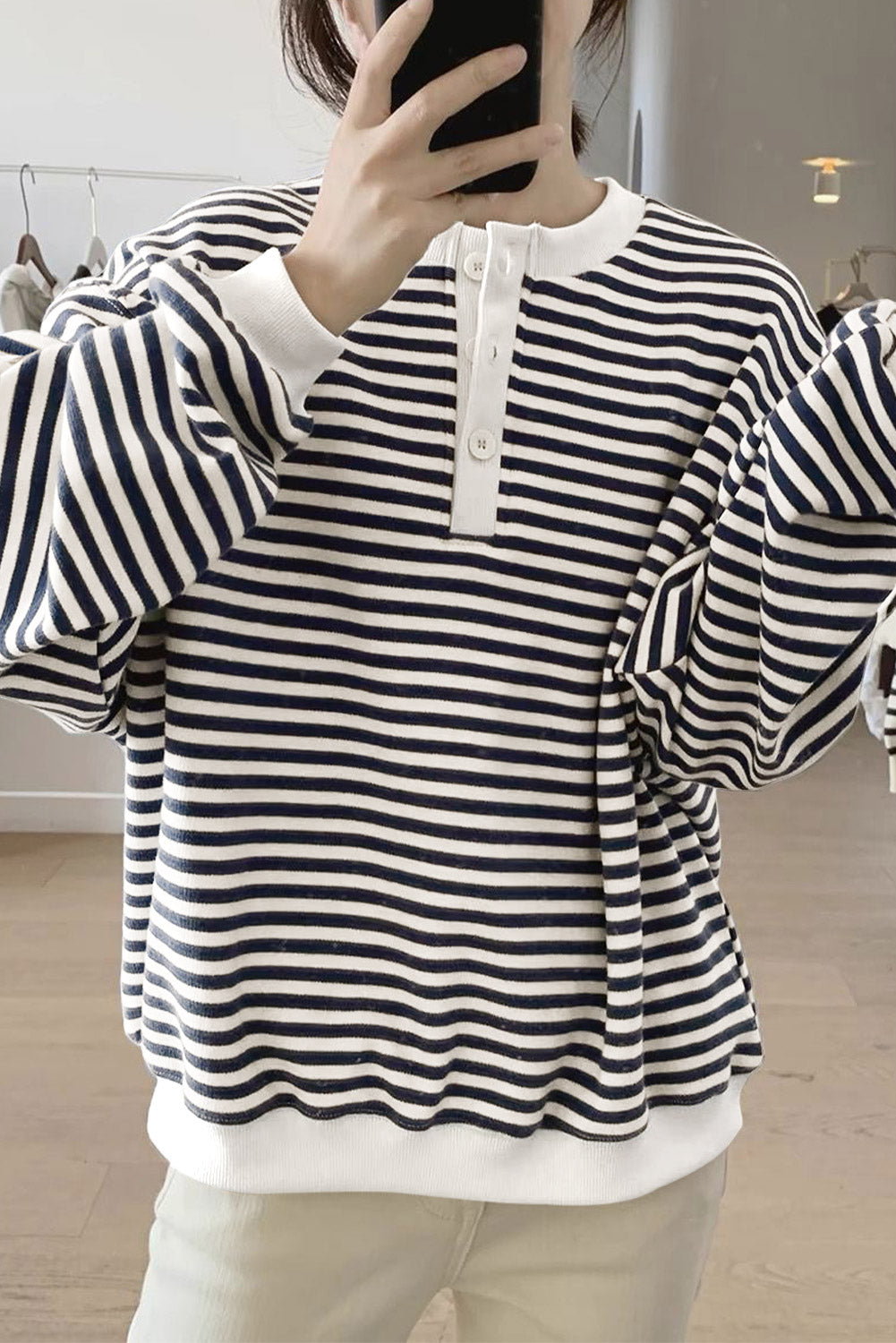 Stripe Crewneck Oversized Henley Sweatshirt