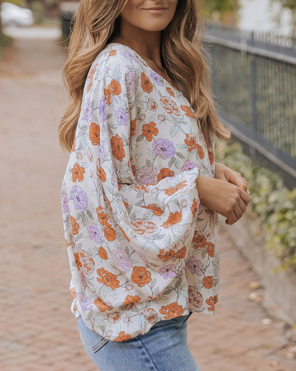 Floral Lantern Sleeve V-Neck Blouse