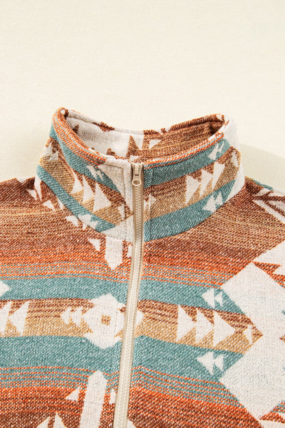 Western Aztec Quarter-Zip Elastic Cuffs Sweatshirt