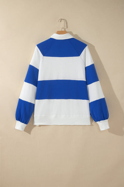 Colorblock Stripe Puff Sleeve Buttoned Collar Sweatshirt