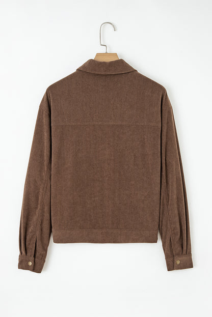 Solid Corduroy Lapel Collar Zip-Up Buttoned Jacket