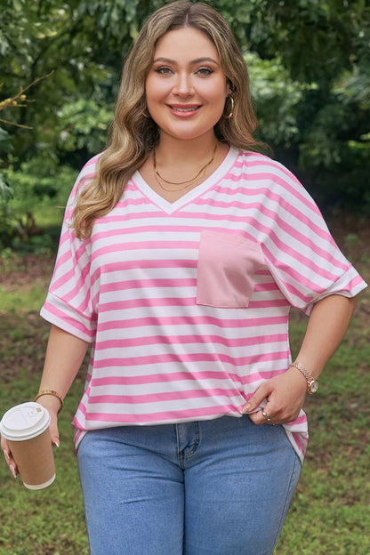 Plus Size Stripe Colorblock Patch Pocket Tee