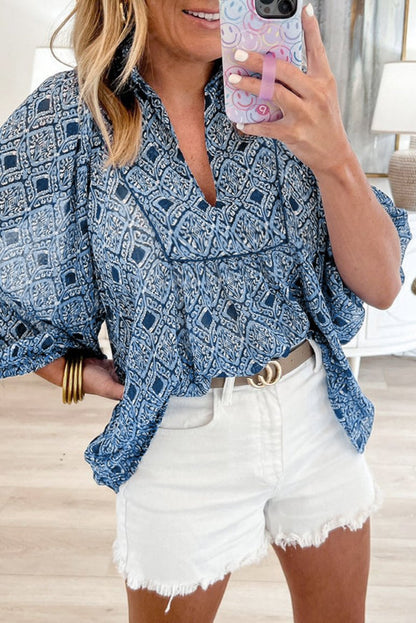 Western Geometric Frilled V-Neck Blouse