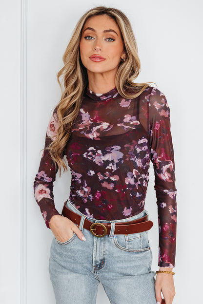 Floral Mesh Turtleneck Long Sleeve Ruched Top