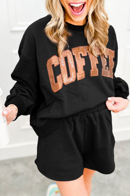 COFFEE Sequin Sweatshirt and Shorts Set