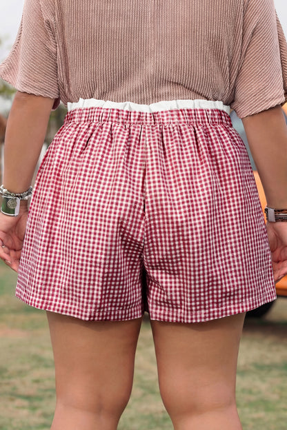 Plus Size Gingham Plaid Ruffle Contrast Trim Shorts