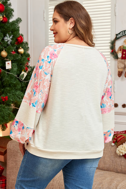 Plus Size Floral Patchwork Sleeve Crewneck Top