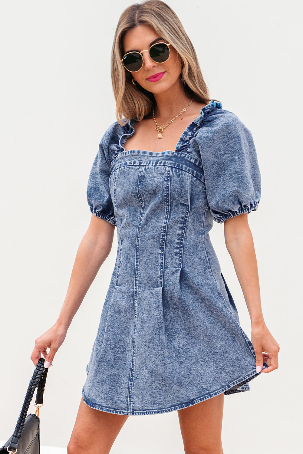 Denim Frilly Square Neck Bustier Puff Sleeve Dress